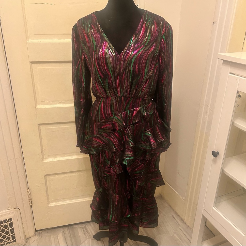 NEW Saloni Silk Alya Metallic Tiered Black Rainbow Women's Dress Disco New Years